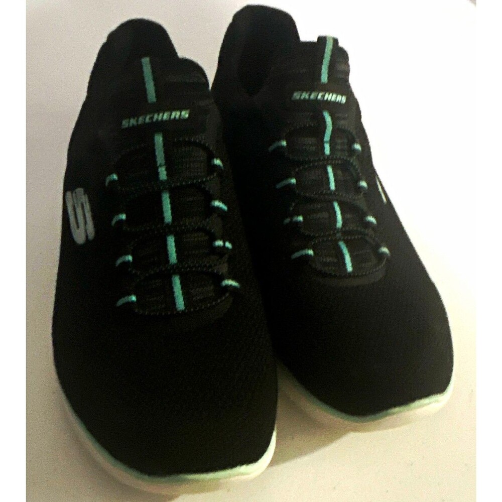 SKECHERS Memory Foam Lace-Up Low Top Athletic Sneaker Black/Mint/White: Size 8